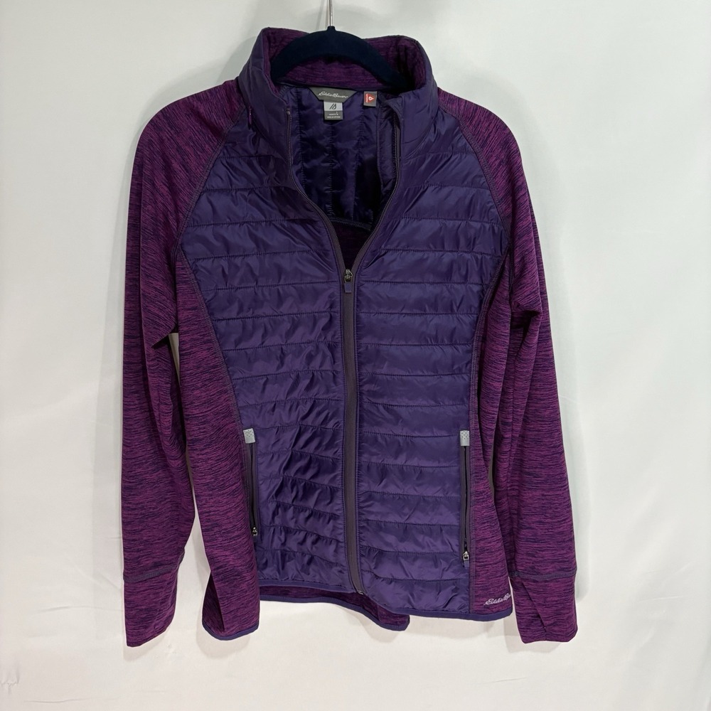 Eddie Bauer Womens Puffer Jacket Mixed Media Zip Up Purple Large Primaloft